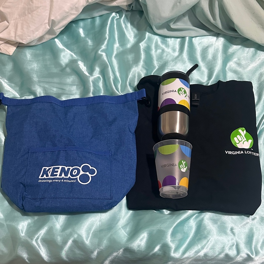 Virginia Lottery Logo Tumbler Shiry Cup + KENO Blue Cooler Bag Set
